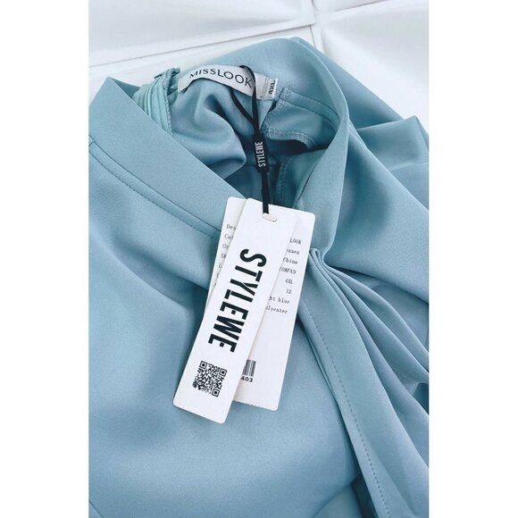 NWT Misslook Sz 4XL Blue Tie Mock Neck Sheath Dress NEW - Picture 6 of 8